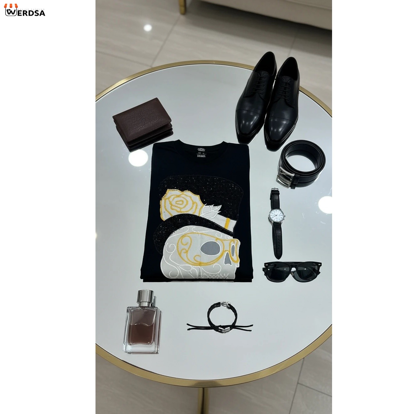 تیشرت آستین کوتاه ساده طرح اسکلت گل رز نگین دار مدل T70 محدود