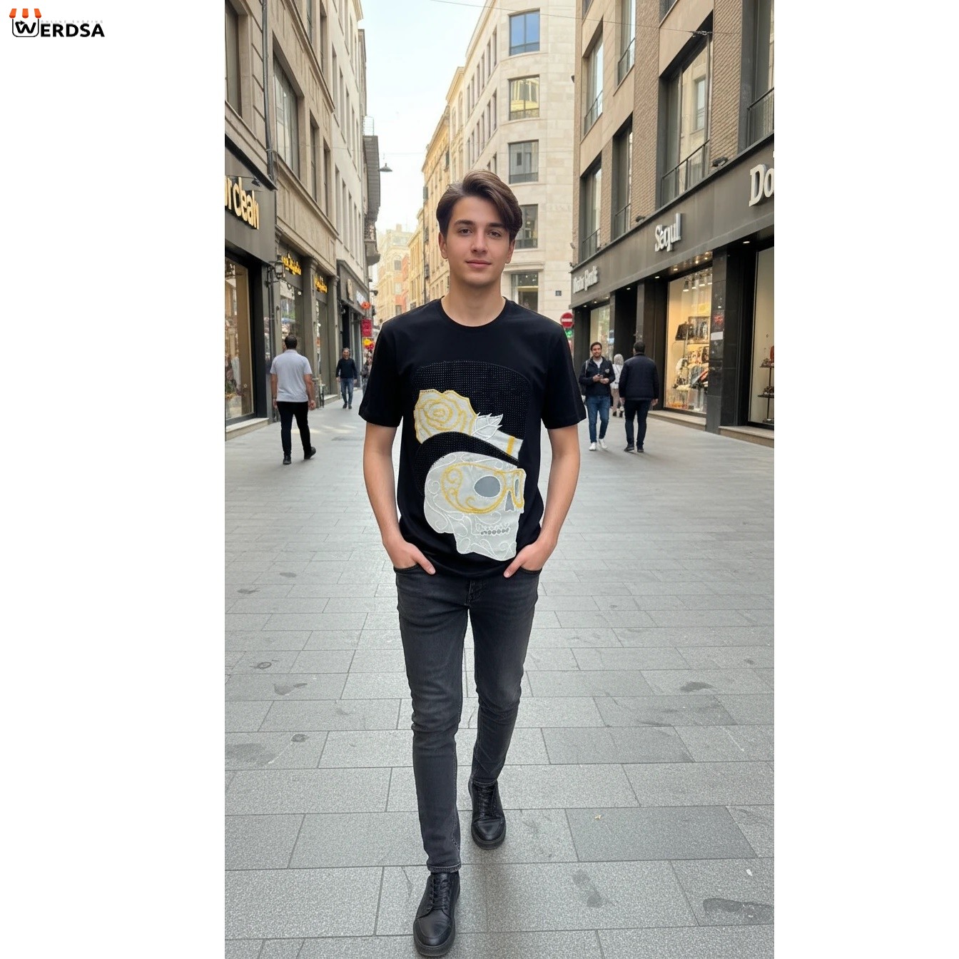 تیشرت آستین کوتاه ساده طرح اسکلت گل رز نگین دار مدل T70 محدود