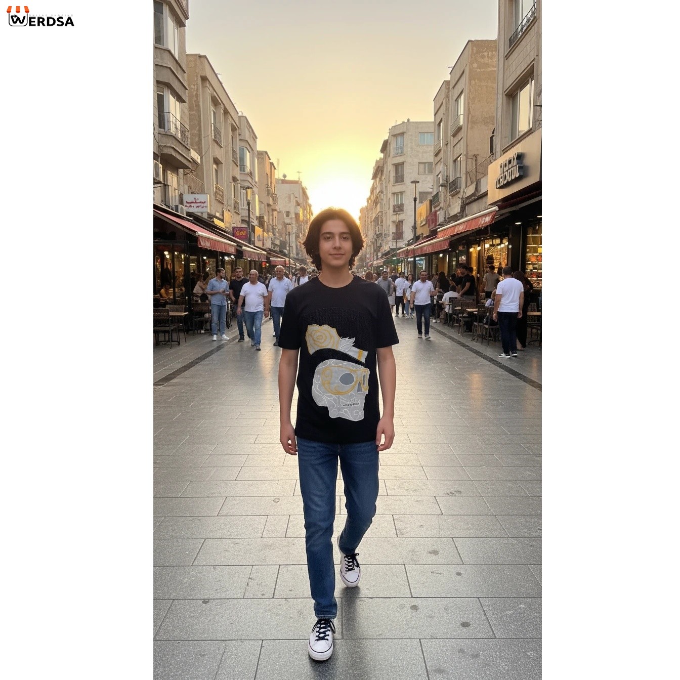 تیشرت آستین کوتاه ساده طرح اسکلت گل رز نگین دار مدل T70 محدود